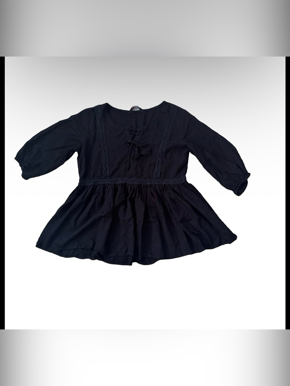 Indya Babydoll Peplum Top Womens M Black Lace Trim Tassel Tie Long Sleeve Retro
